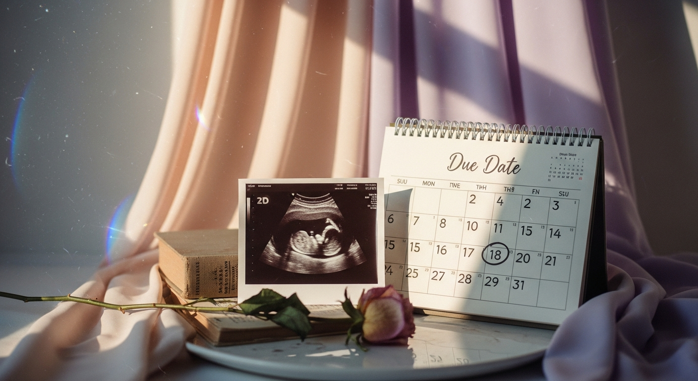 Ultrasound photo of a developing baby next to a calendar marked "Due Date," with a rose and books, symbolizing pregnancy and anticipation for expectant parents.