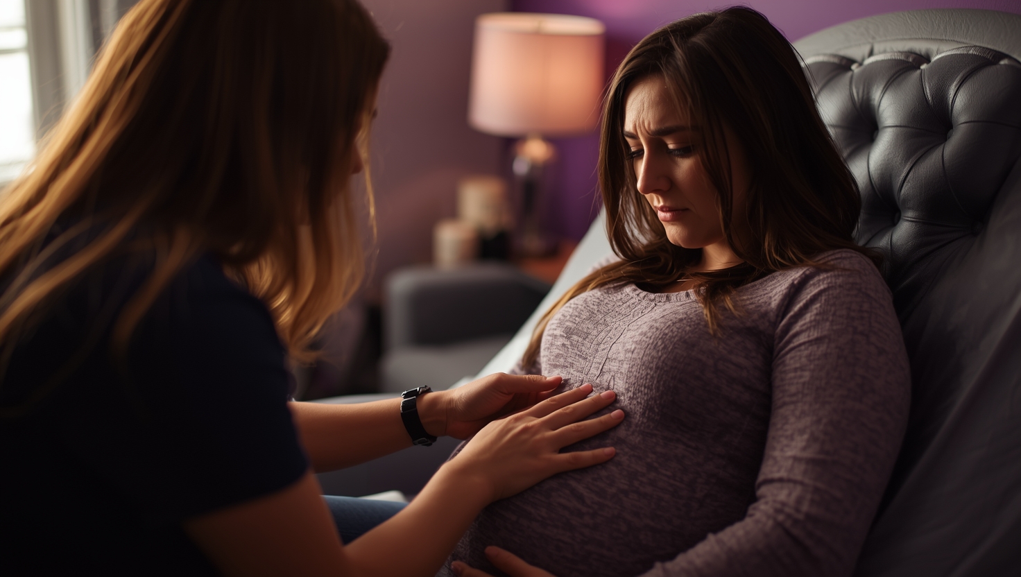 Pregnant woman receiving comfort and support during a 2D Reassurance Scan, emphasizing connection and care in a nurturing environment.